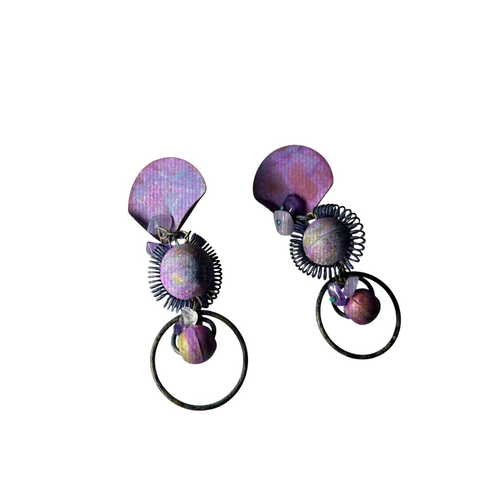 Vtg studio Artisan Mixed Media Drop Earrings Purple Gold Wire Wrap Abstract
